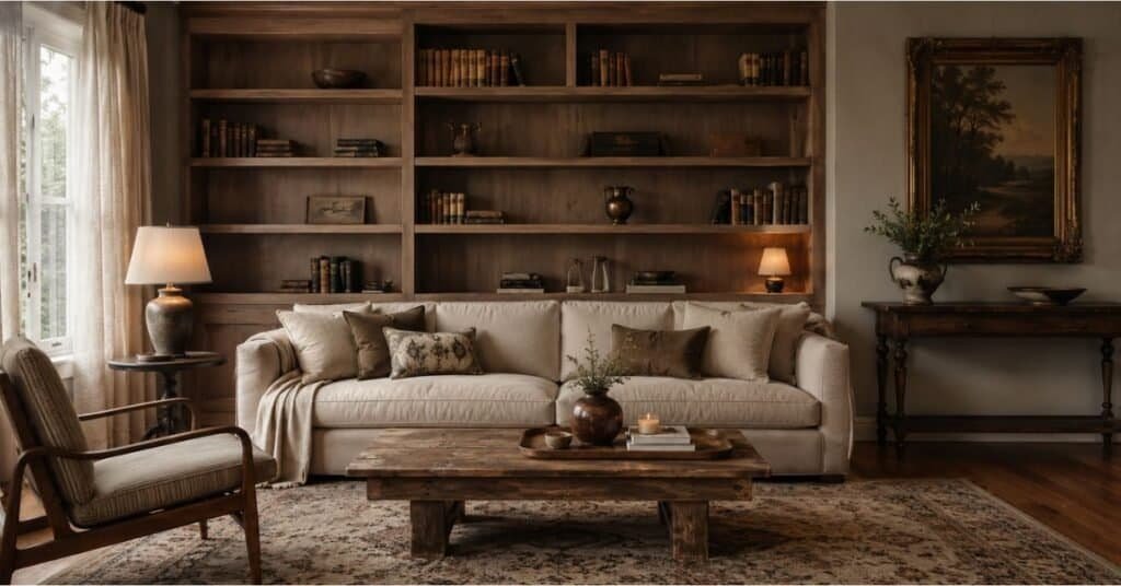 Modern vintage living room with styled shelves, older wall decor, a simple sofa, and a coffee table mixed with old and new accents
