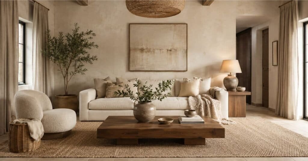 Neutral living room with layered textures including linen curtains, woven rug, boucle chair, wood table, and soft warm decor