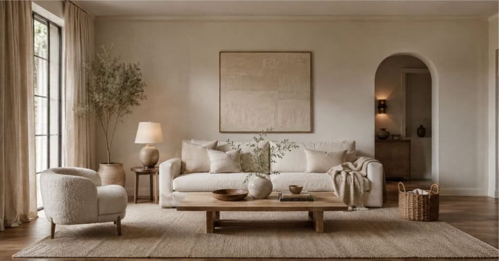 Neutral living room with layered tonal textures including linen curtains, a woven rug, textured chair, wood table, and soft fabric lighting