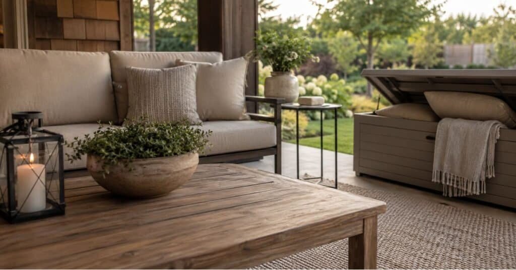 Neutral outdoor cushions on a covered patio sofa with cushion storage, woven rug, and warm wood coffee table.