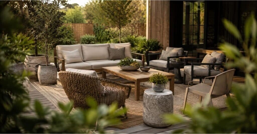 Outdoor furniture materials on a patio with teak wood, aluminum frames, resin wicker, neutral cushions, and planters.