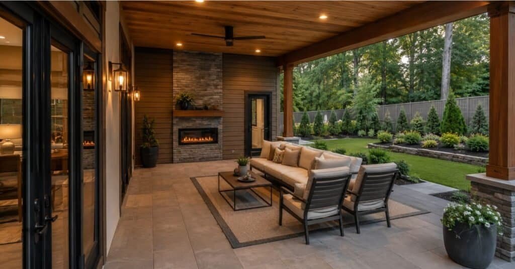 Outdoor furniture scaled to a patio with a clear walking path, neutral seating, a coffee table, and planters.