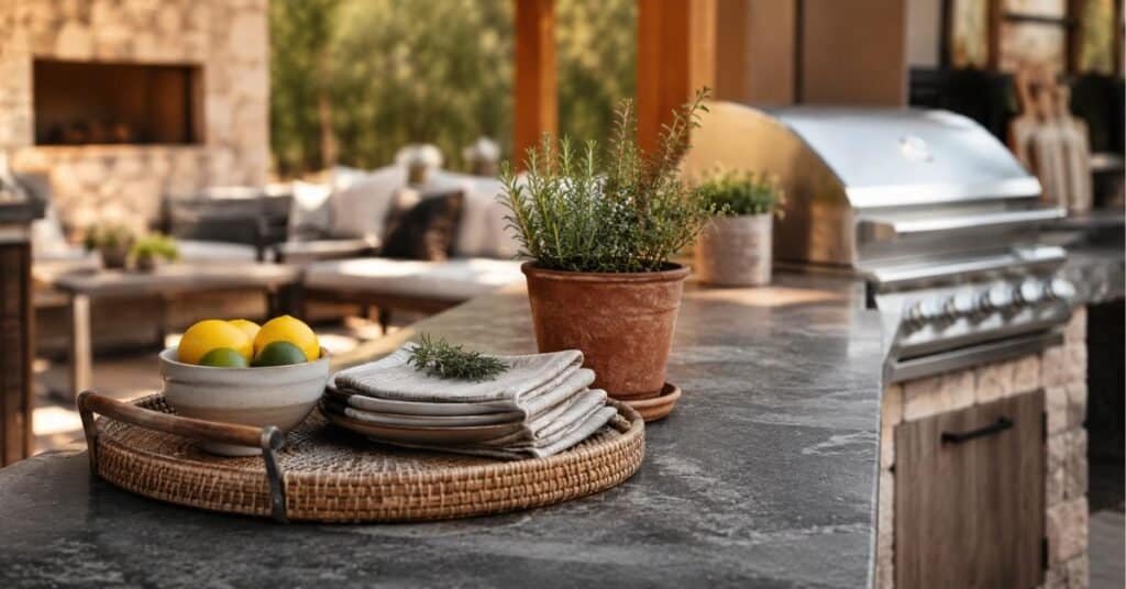 Outdoor kitchen countertop decor with a serving tray, herb planter, citrus bowl, folded napkins, and clear prep space.