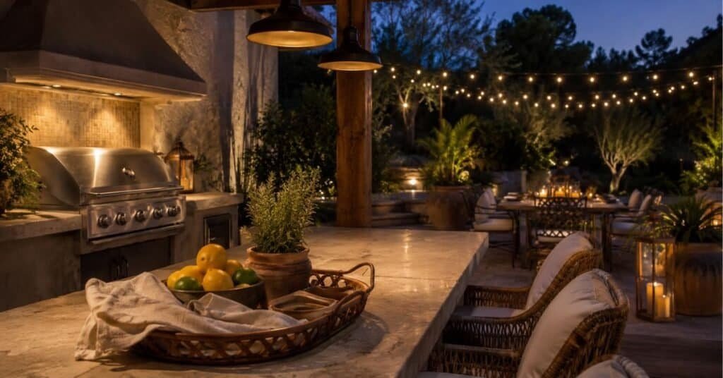Outdoor kitchen lighting ideas with warm task lighting over the grill, pendant lights, lanterns, and a softly lit dining area.