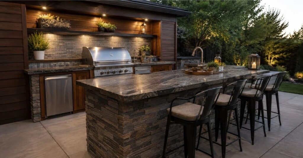 Outdoor kitchen materials with stone countertops, stainless steel details, sealed wood cabinets, metal stools, and weather friendly decor.
