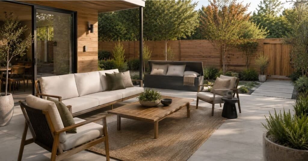 Outdoor patio furniture layout with clear walking space, balanced seating, coffee table, rug, and planters.