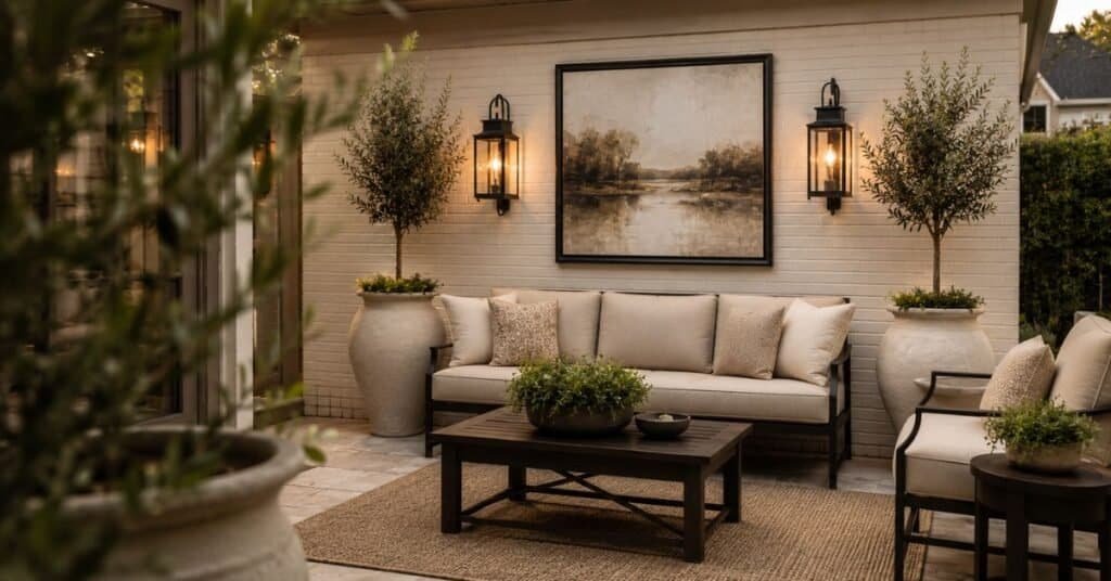 Patio wall decor layout with one large art piece, matching sconces, planters, and balanced seating.