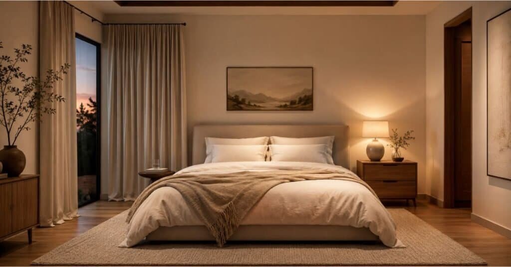 Peaceful bedroom with soft bedding, warm bedside lamp, clear nightstand, neutral colors, and closed curtains for better rest.