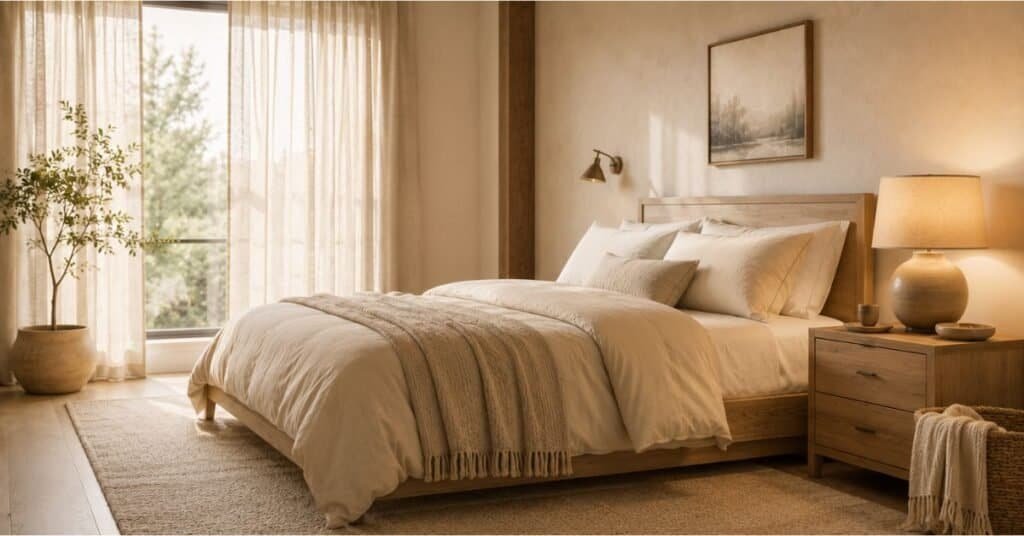 Relaxing bedroom with natural textures, linen bedding, wood nightstands, woven basket, soft rug, and one simple plant near the window.