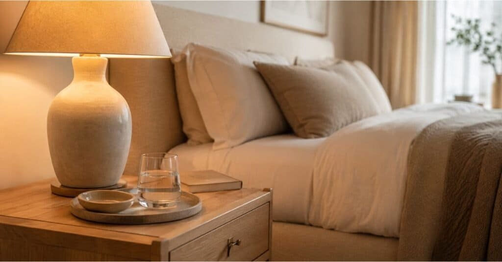 Restful bedroom nightstand with warm lamp, book, water glass, small tray, soft bedding, and no visible electronics.