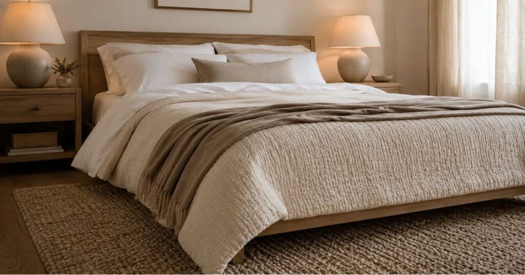 Restful bedroom with fresh white sheets, cream duvet, beige quilt, taupe blanket, soft rug, and warm bedside lighting.