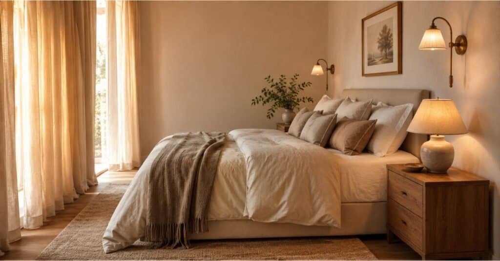 Restful bedroom with warm bedside lamp, brass wall sconce, soft cream bedding, linen curtains, and calm evening lighting.