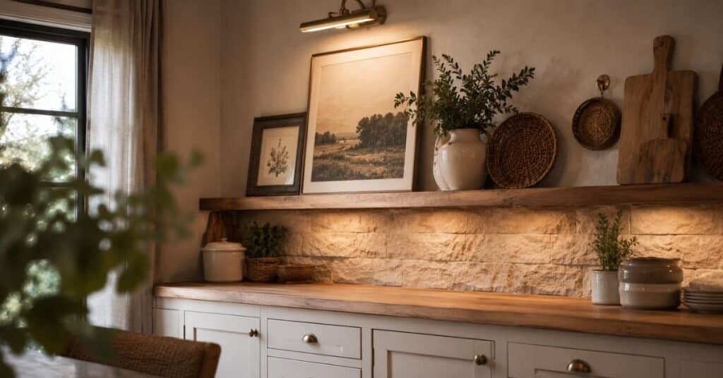 Rustic kitchen with budget wall decor, leaned framed art, wood cutting boards, baskets, and warm lighting