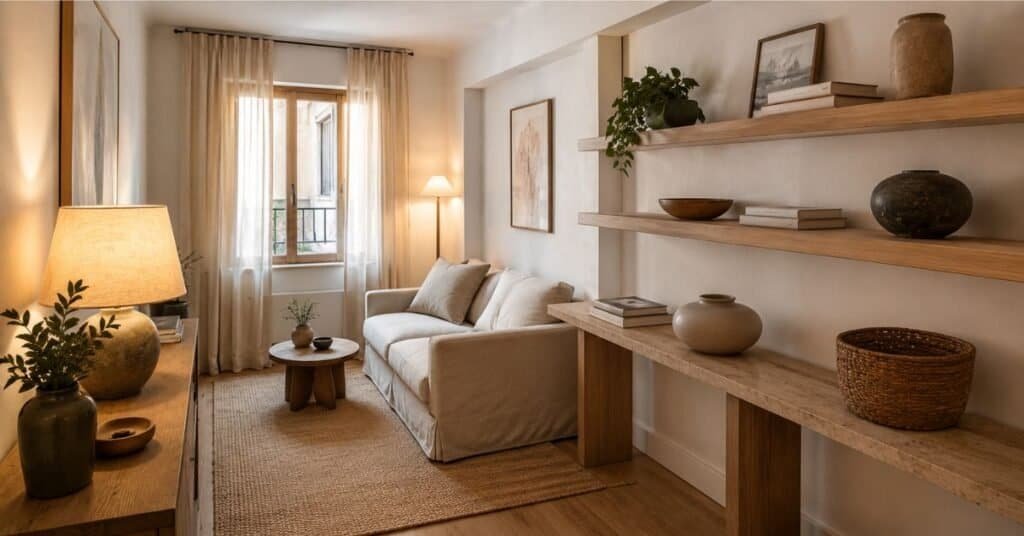 Small apartment living room with minimalist shelves, stacked books, ceramic vase, framed art, woven basket, plant, and open wall space.