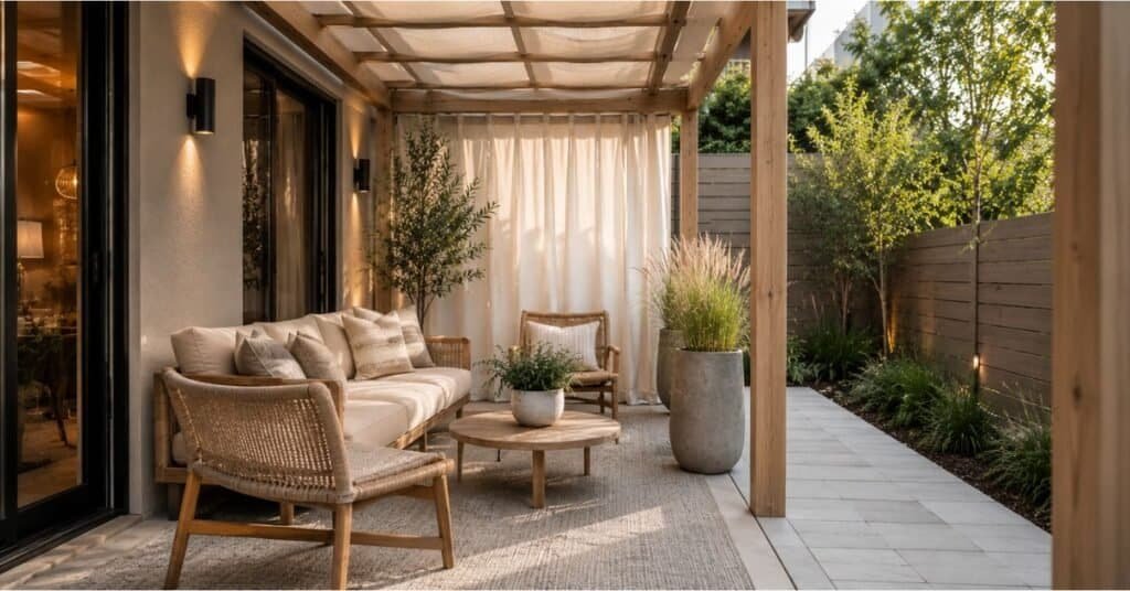 Small covered outdoor living room with compact seating and open walkway.