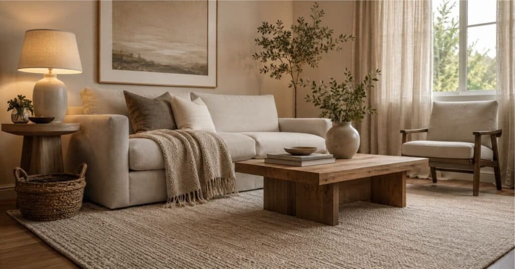 Small living room with a textured rug, linen curtains, knit throw, woven basket, and warm wood table in a calm layered layout