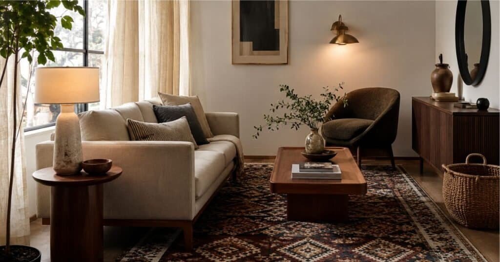 Small living room with balanced texture layering, including a patterned rug, linen curtains, smooth console, wood table, and soft accent chair