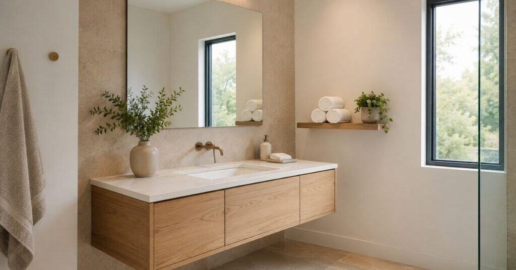 Small modern bathroom with a floating vanity that leaves open floor space underneath.