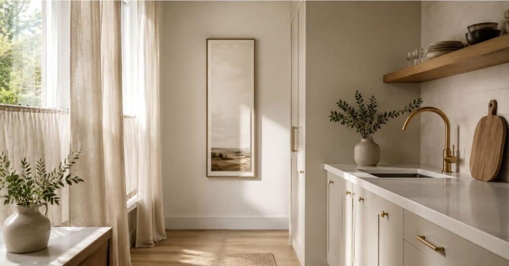 Small modern kitchen with slim vertical wall art, light colors, warm wood shelves, and uncluttered counters