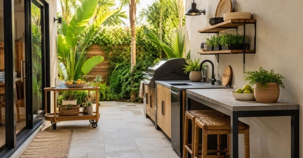 Small outdoor kitchen decor with a slim prep table, woven stools, vertical storage, herb planter, and clear patio walkway.