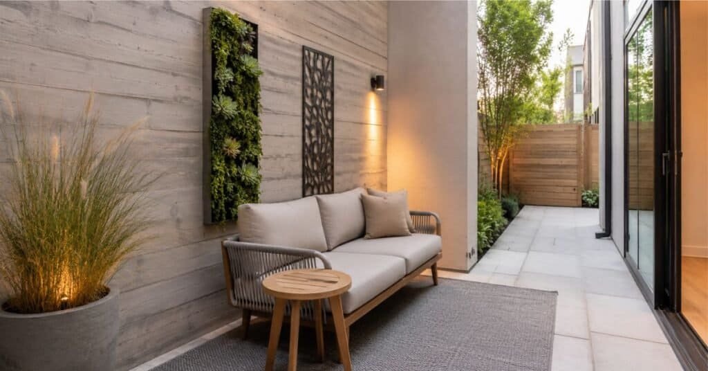 Small patio wall decor ideas with vertical greenery, neutral seating, and clear walkway space.