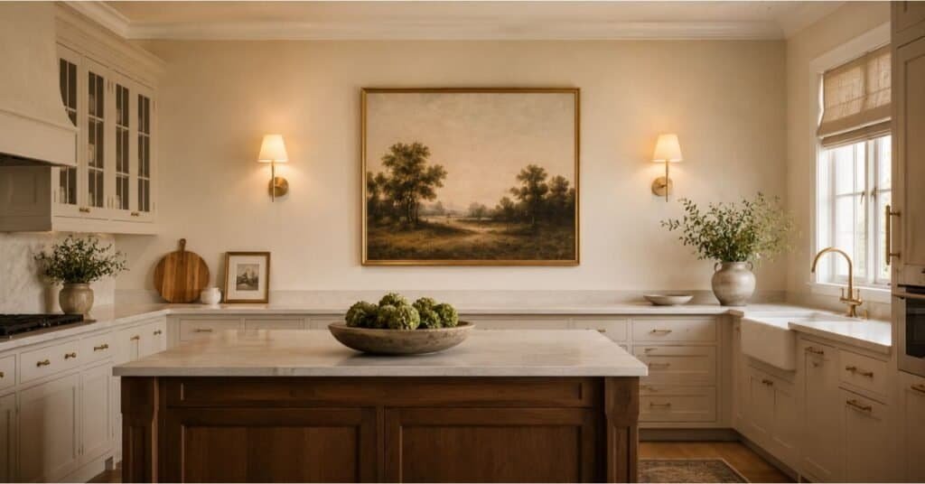 Traditional kitchen with properly scaled wall art, clean spacing, warm lighting, and balanced wall decor