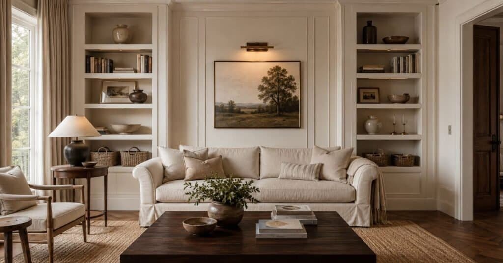 Traditional modern living room with minimalist bookshelves, neutral books, ceramic vases, sculptural bowls, baskets, framed art, and warm lighting.