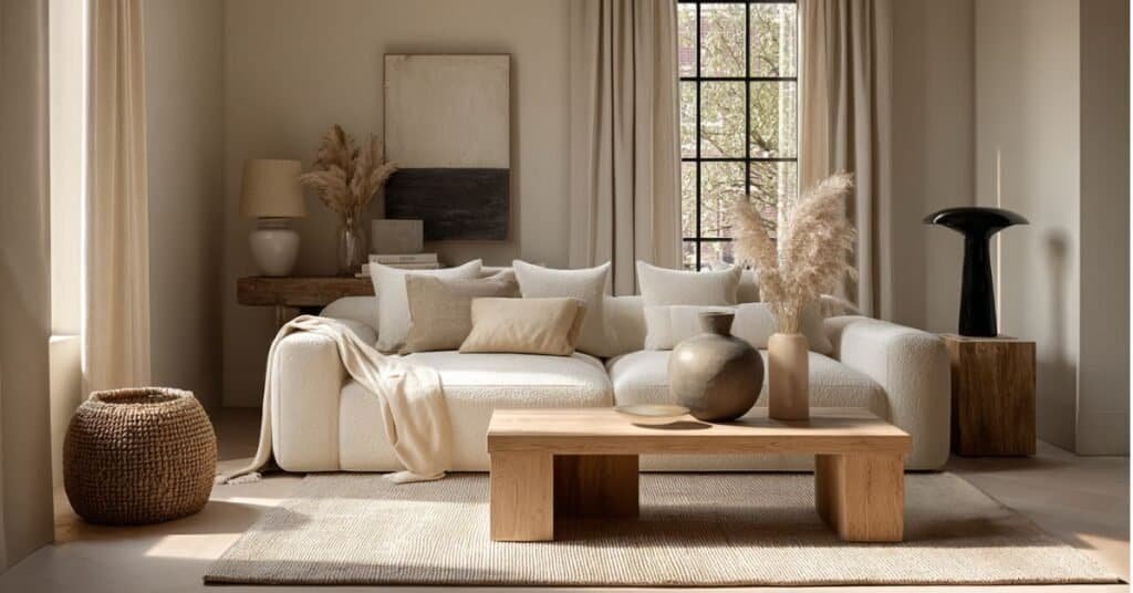 Warm minimalist living room with linen throw, woven basket, stoneware vase, soft pillows, and natural textures.