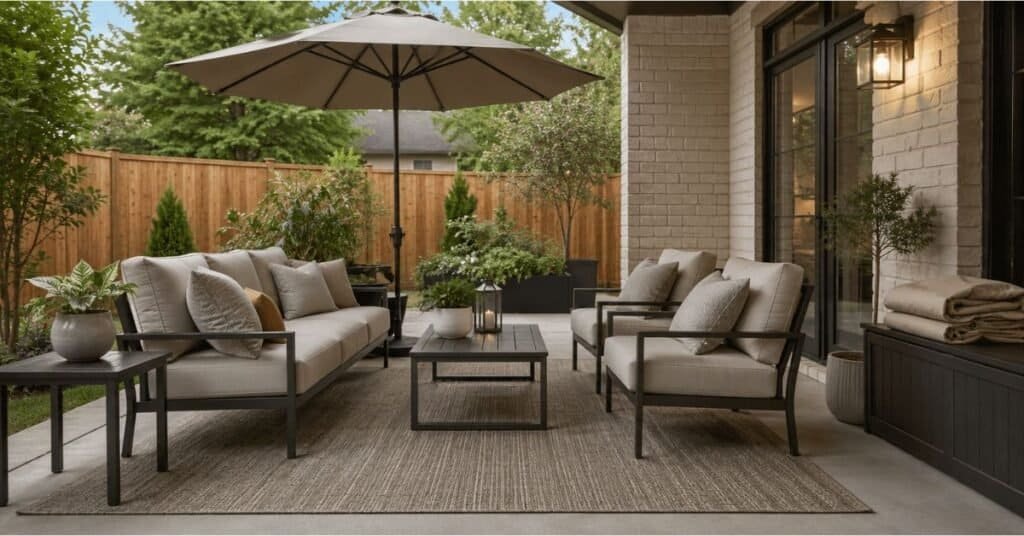 Weather resistant outdoor furniture with sturdy frames, quick dry cushions, storage, patio umbrella, and planters.