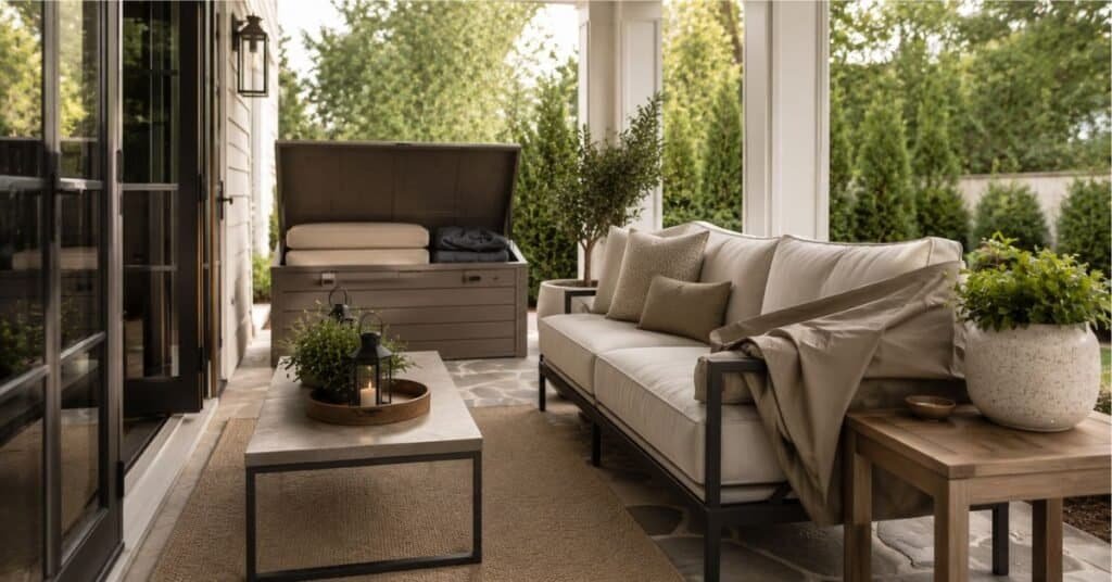 traditional transitional covered patio showing outdoor furniture care and storage, clean neutral outdoor sofa with dry cushions, storage bench near patio door with folded cushion inside