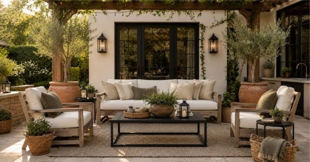 Backyard patio design with a warm neutral color palette, natural wood furniture, black accents, cream cushions, and olive green planters creating a polished outdoor living space.