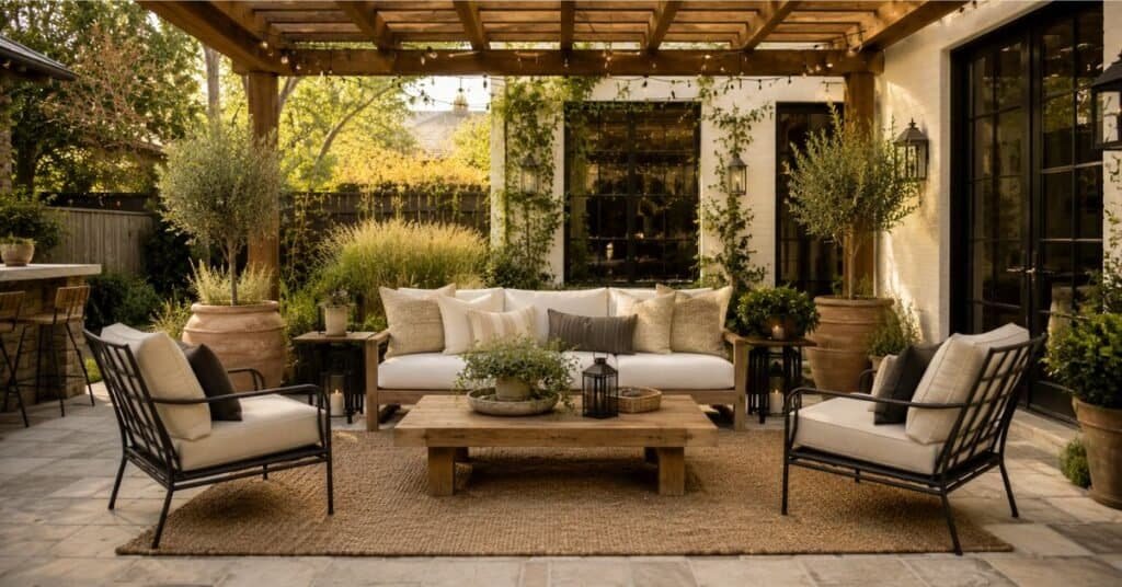 Backyard patio design with a well planned conversation area, balanced furniture layout, outdoor rug, coffee table, and layered seating in a warm modern farmhouse backyard.