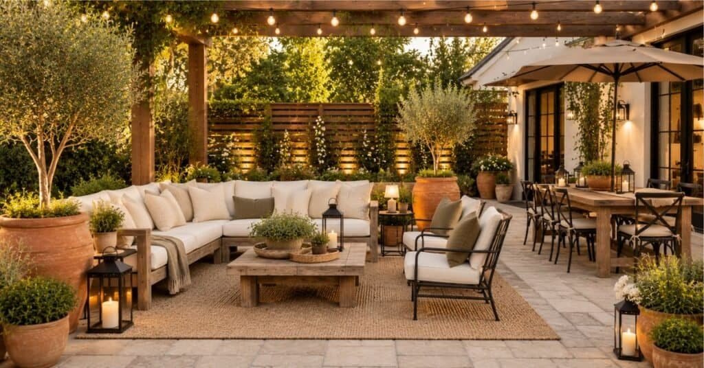 Backyard patio design with clearly defined outdoor living zones including a cozy seating area, dining table, and layered decor in a warm farmhouse backyard.