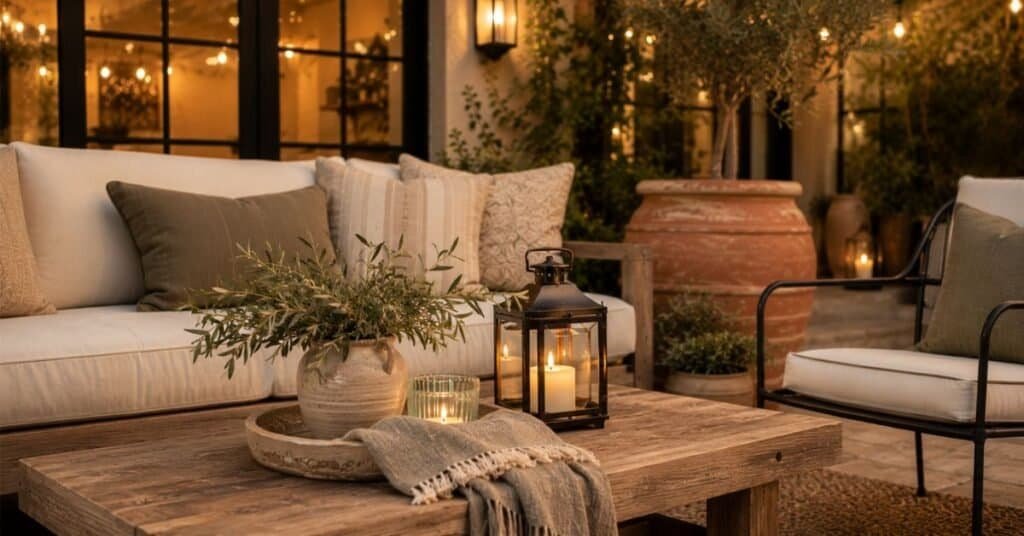 Backyard patio design with finished styling details including outdoor pillows, lanterns, tray, planters, woven rug, and warm modern farmhouse decor.