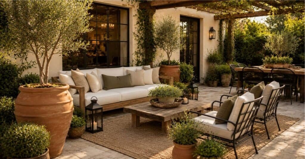Backyard patio design with layered planters, olive trees, ornamental grasses, terracotta pots, and cozy farmhouse outdoor seating surrounded by lush greenery.