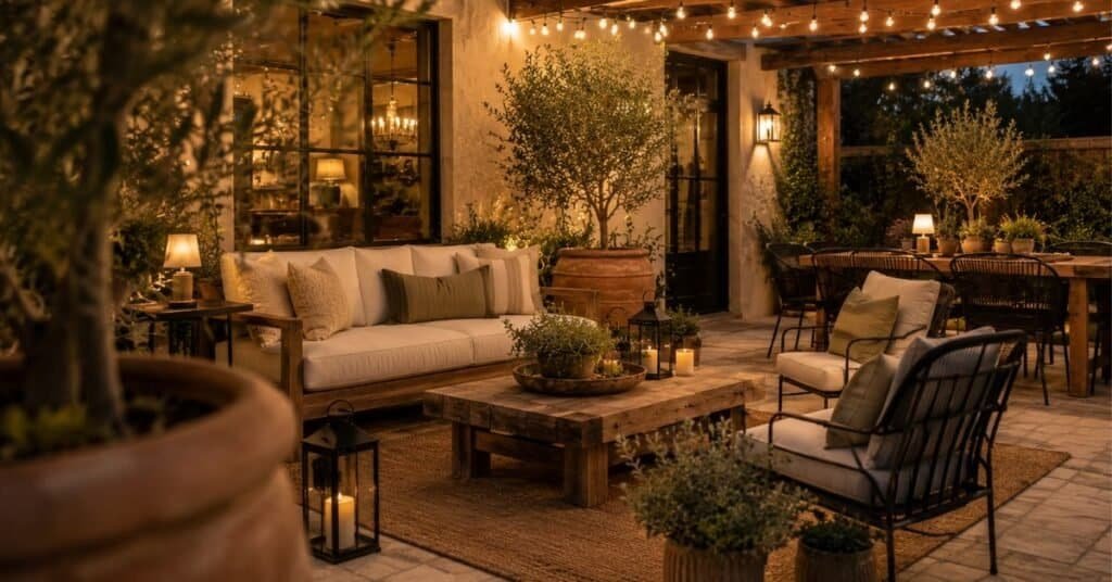 Backyard patio design with warm layered outdoor lighting, string lights, lanterns, table lamps, rustic wood furniture, and cozy evening seating.