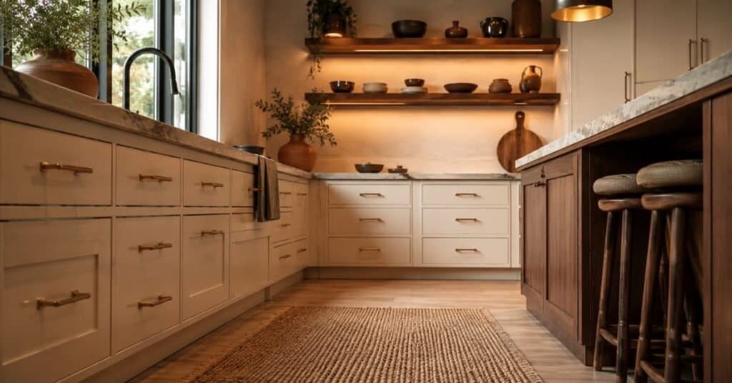 Balanced earth tone kitchen with cream cabinets, warm wood, stone counters, soft clay accents, and clean contrast