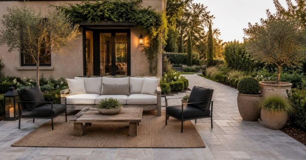 Balanced garden and outdoor decor with correctly sized furniture, grouped planters, a large rug, and a clear patio walkway.