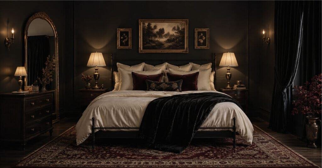 Balanced gothic bedroom with charcoal walls, cream bedding, burgundy pillows, warm brass lamps, arched mirror, and soft black curtains.