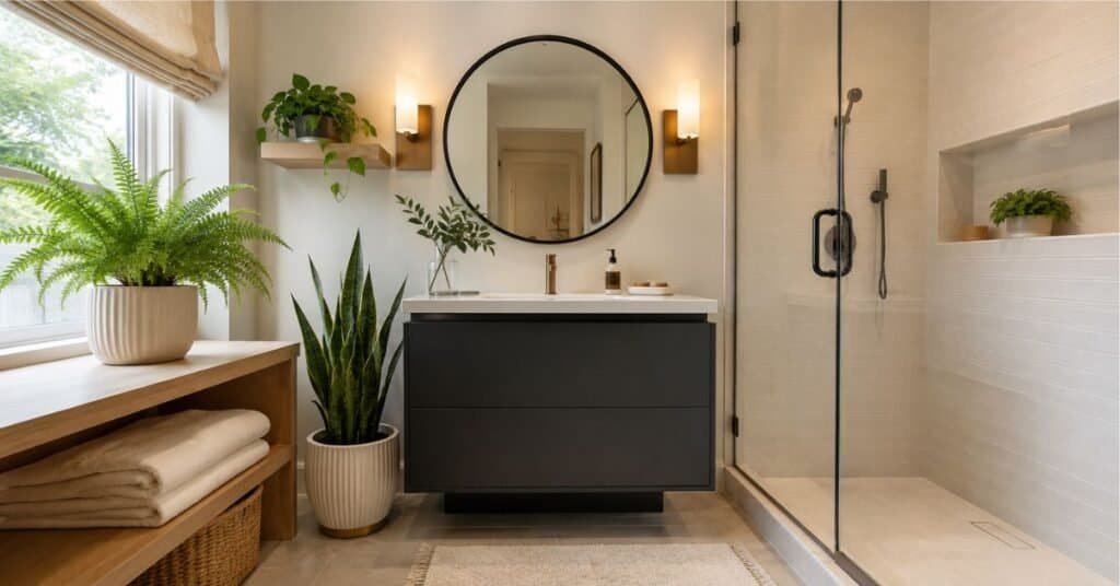 Bathroom plants near a window, vanity shelf, and shower ledge with warm white walls, pale stone, brass fixtures, cream towels, and natural greenery.