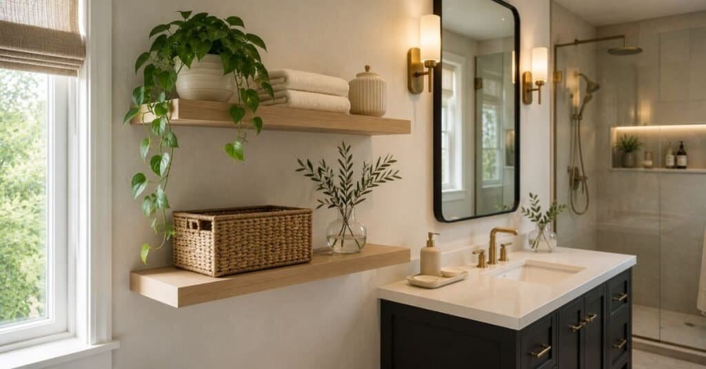 Bathroom shelves styled with a trailing plant, folded cream towels, pale oak wood, ceramic decor, woven storage, and open space.