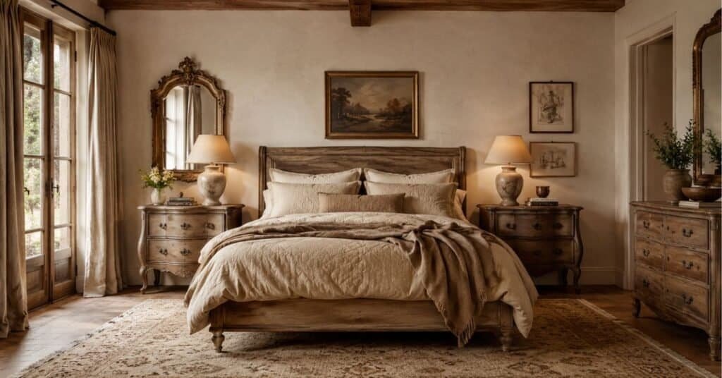 Beautifully aged French country bedroom with weathered wood bed, cream linen bedding, antique mirror, warm lamps, and soft neutral colors.