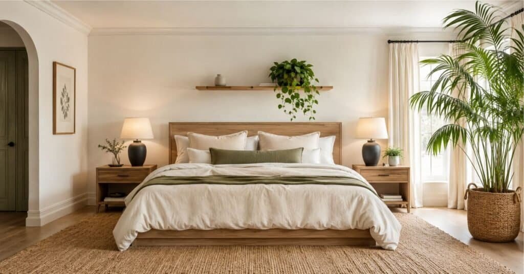 Bedroom decor with plants showing a calm cream bedroom with leafy greenery, clean nightstands, soft curtains, and a woven floor planter.