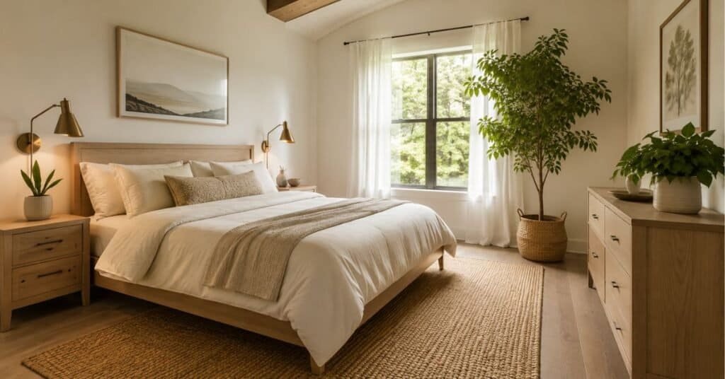 Bedroom plant decor plan with clear plant zones, a window floor plant, small nightstand plant, dresser greenery, and clean surfaces.