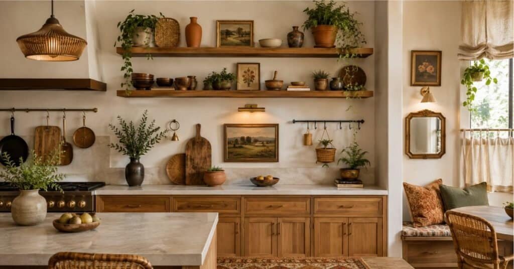 Bohemian kitchen with open shelves, woven baskets, framed vintage art, plants, and warm wall decor