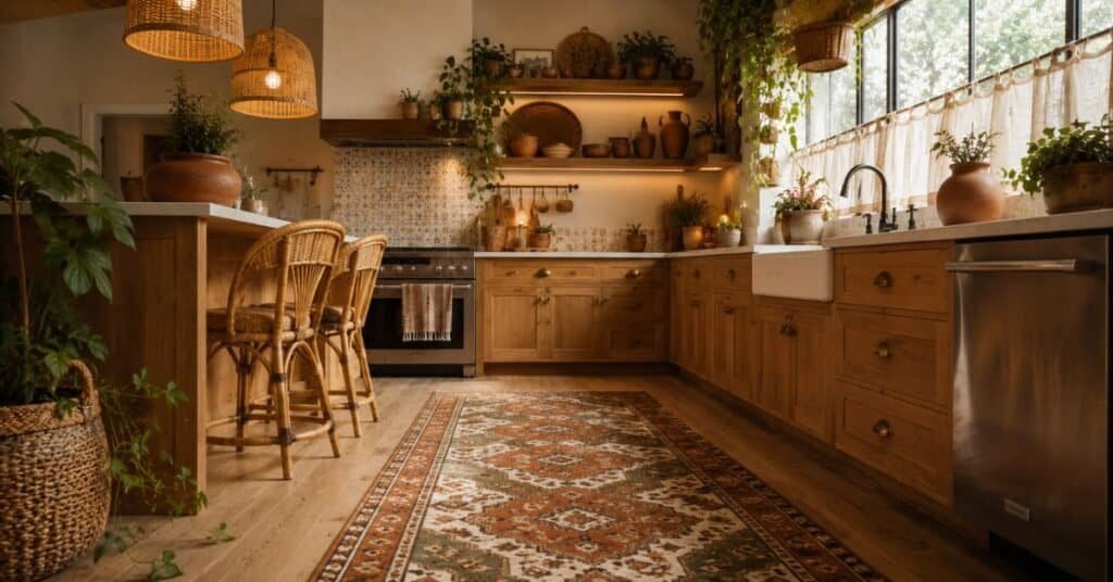 Boho kitchen with vintage runner, warm pendant lights, hanging plants, open shelves, and layered natural texture