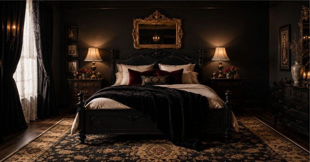 Bold gothic bedroom with charcoal walls, cream bedding, velvet accents, antique gold mirror, warm brass lamps, and black curtains.