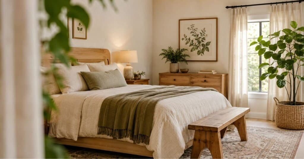 Botanical bedroom decor with cream bedding, leafy plants, framed botanical art, warm wood furniture, and soft green accents.