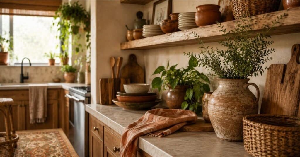 Budget bohemian kitchen with open shelves, clay ceramics, woven baskets, vintage runner, plants, and warm wood texture