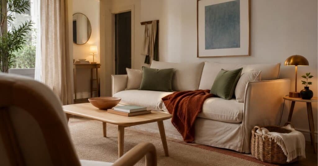 Budget friendly minimalist apartment living room with ivory sofa, sage pillows, rust throw, clay bowl, dusty blue art, woven basket, and warm lamp.